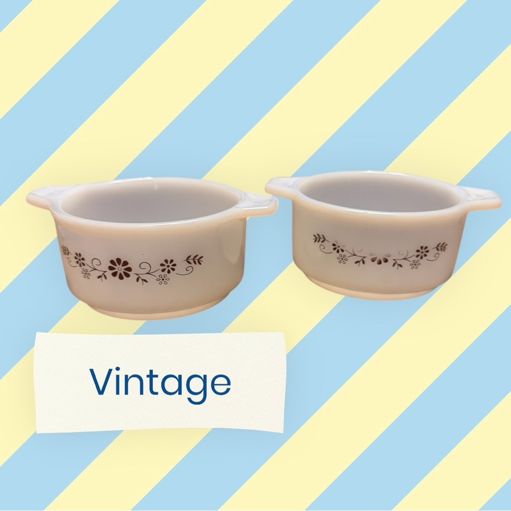 2X Set Vintage Dynoware PYR-O-REY Milk Glass Brown Daisy Pattern Mini Casserole